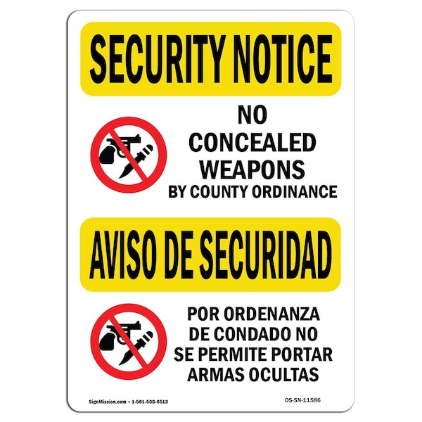 Sign, 3.5" H, 5" W, No Concealed Weapons Bilingual, Landscape, SN-D-35-L-11586-10PK